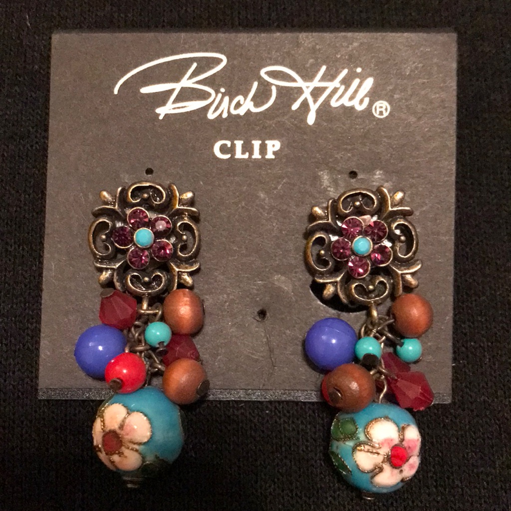 3/$15 Birch Hill Cloisonn Enamel Dangle Clip Earrings